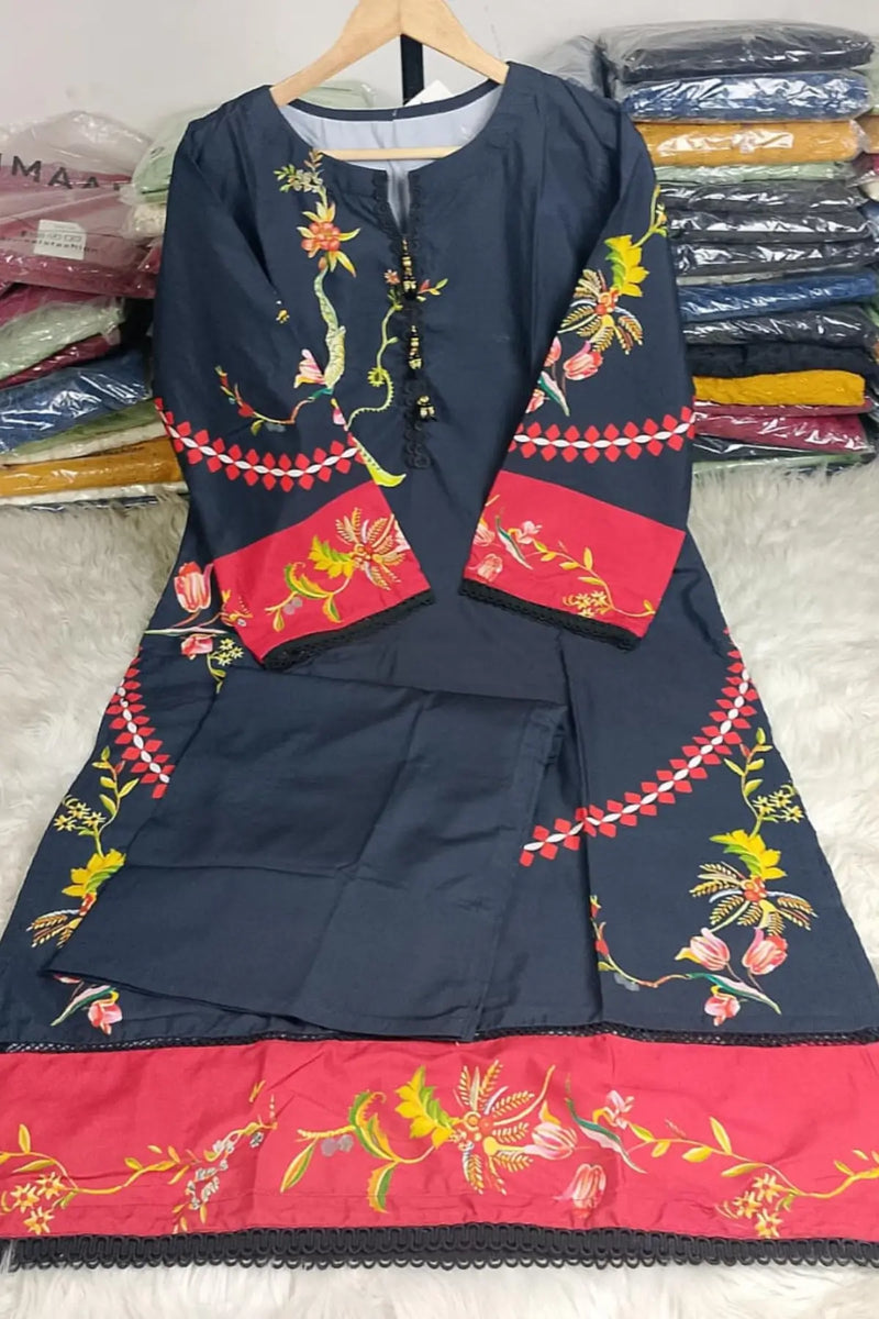 Embroidered 2-Piece – Black with Red Floral Accents