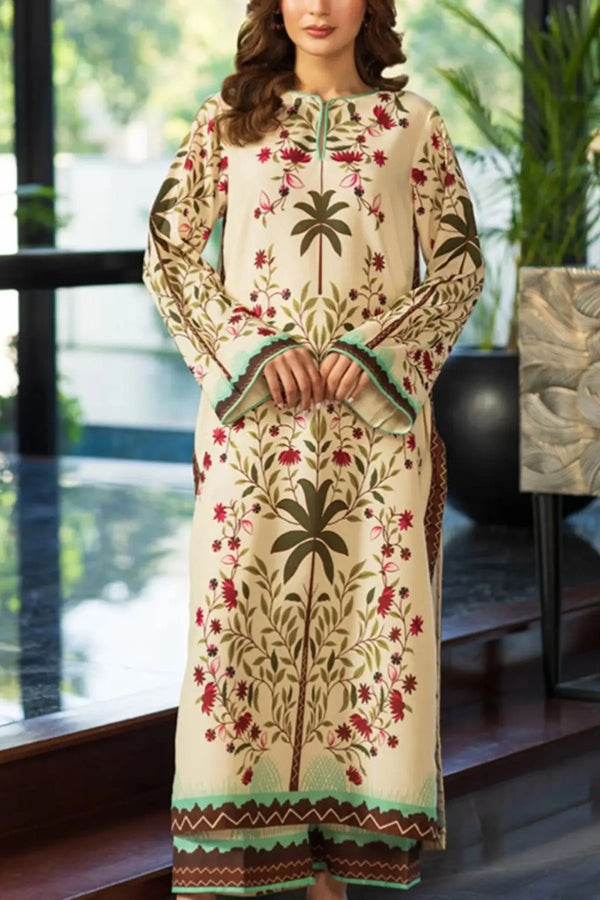 2-Piece Printed Lawn Suit – Beige with Green & Maroon Botanical Design