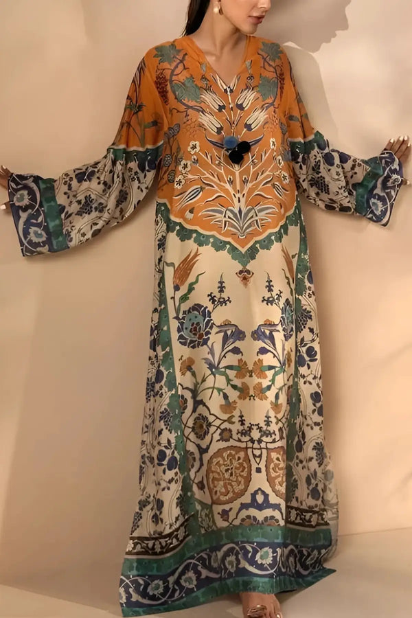 Printed Maxi Kaftan – Bohemian Orange & Green Floral