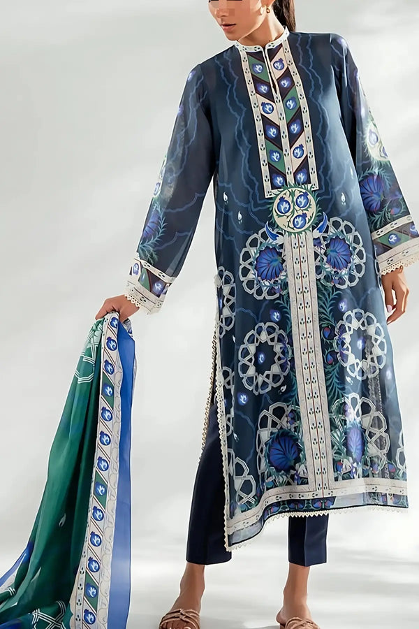3-Piece Digital Printed Lawn Suit – Midnight Blue with Green Dupatta