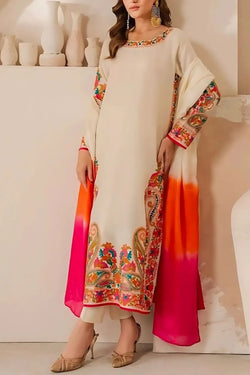 3-Piece Embroidered Lawn Suit – Cream with Pink & Orange Gradient