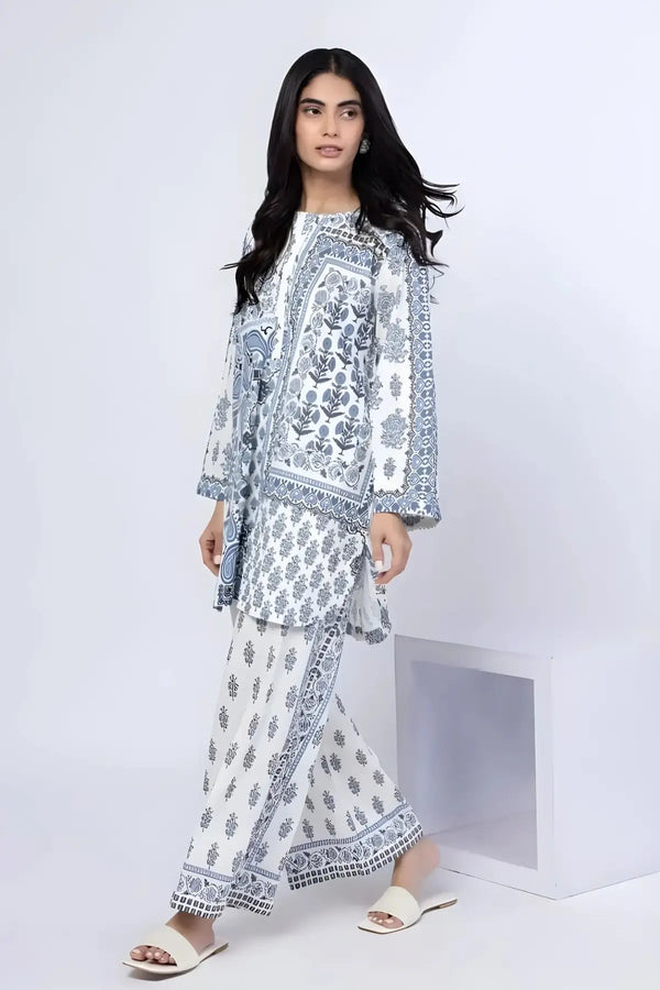 White & Blue Block Print Inspired Lawn Suit – 2-Piece