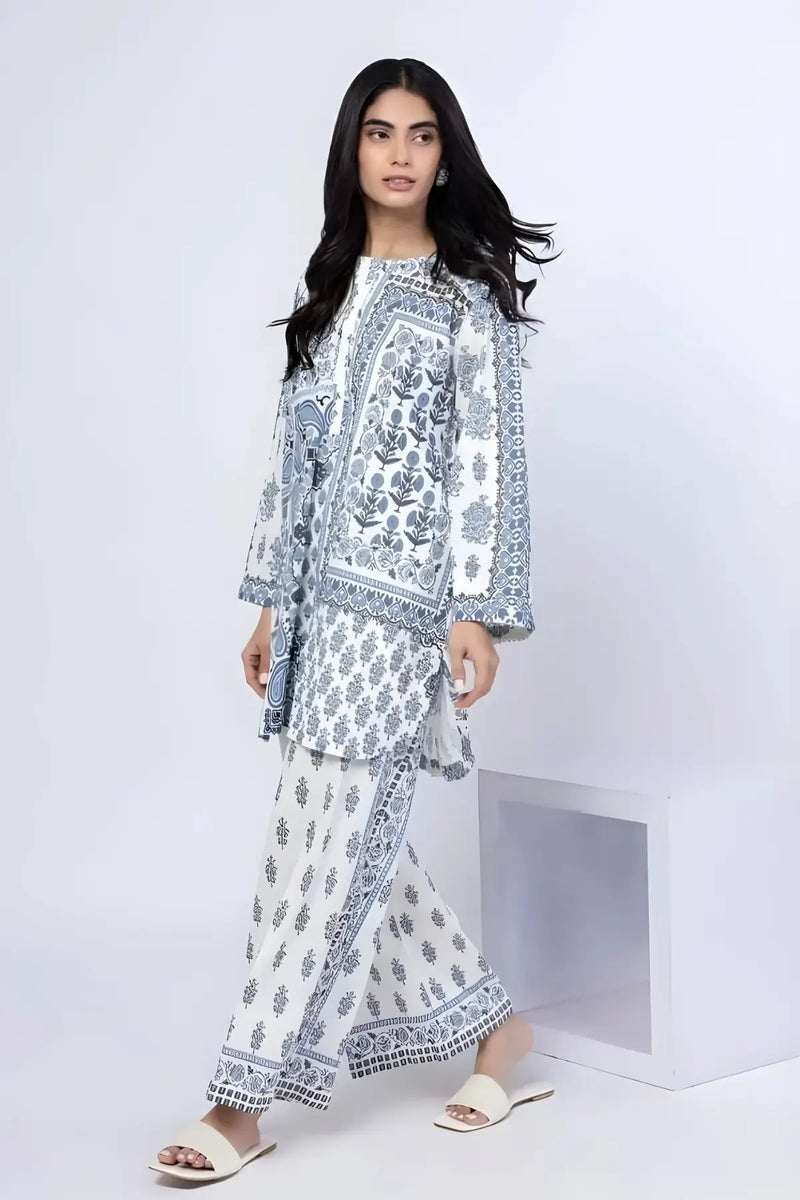 White & Blue Block Print Inspired Lawn Suit – 2-Piece