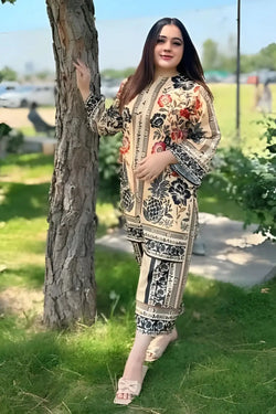 Beige & Black Floral Digital Printed Lawn Suit – 2-Piece
