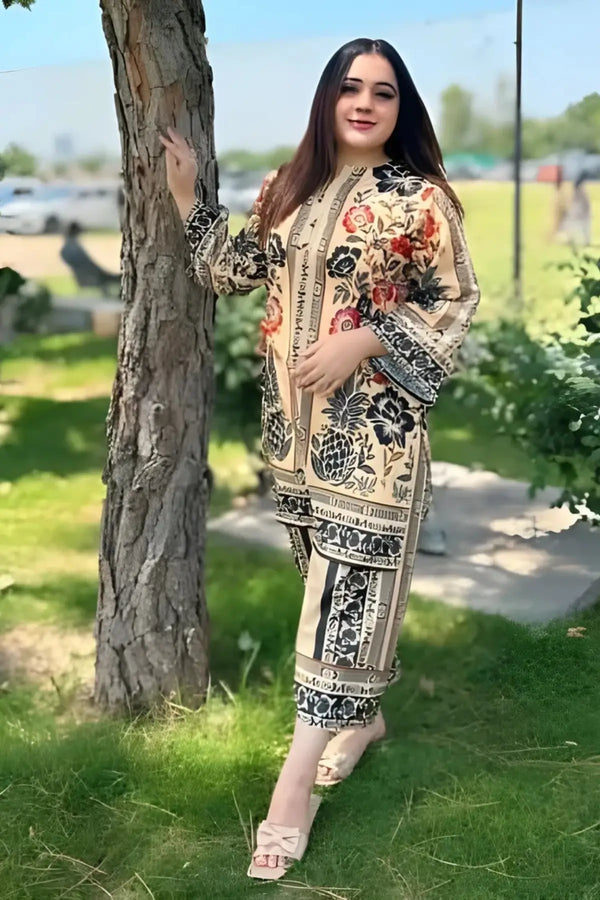 Beige & Black Floral Digital Printed Lawn Suit – 2-Piece