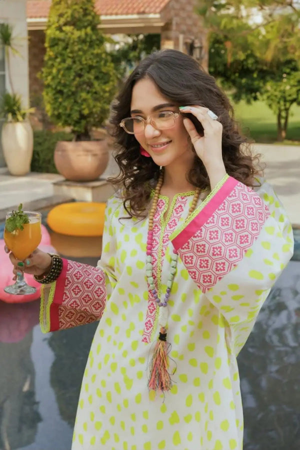 2-Piece Printed Lawn Suit – Neon Lime & Pink Accents