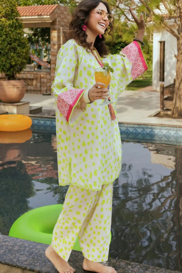 2-Piece Printed Lawn Suit – Neon Lime & Pink Accents