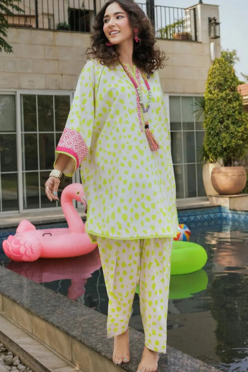 2-Piece Printed Lawn Suit – Neon Lime & Pink Accents