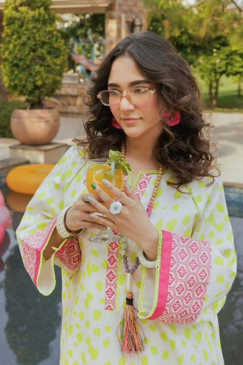 2-Piece Printed Lawn Suit – Neon Lime & Pink Accents