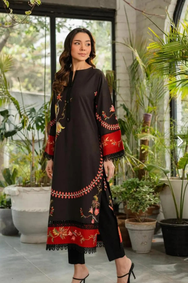 Embroidered 2-Piece – Black with Red Floral Accents