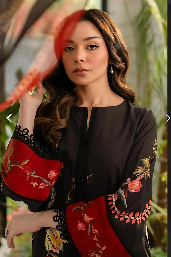 Embroidered 2-Piece – Black with Red Floral Accents