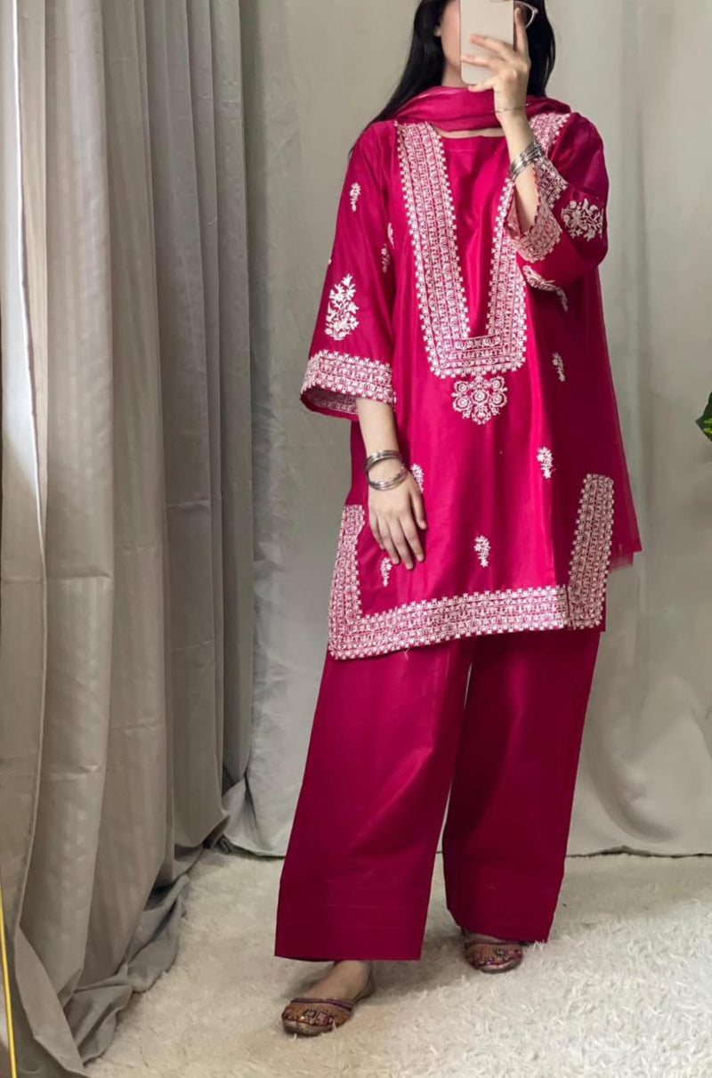 3 PC embroidery lawn article with farshi shalwar