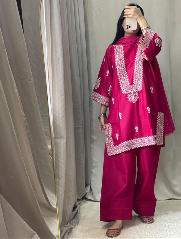 3 PC embroidery lawn article with farshi shalwar
