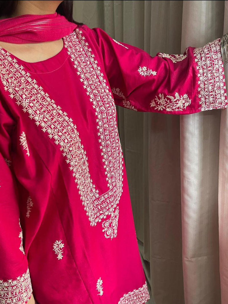 3 PC embroidery lawn article with farshi shalwar