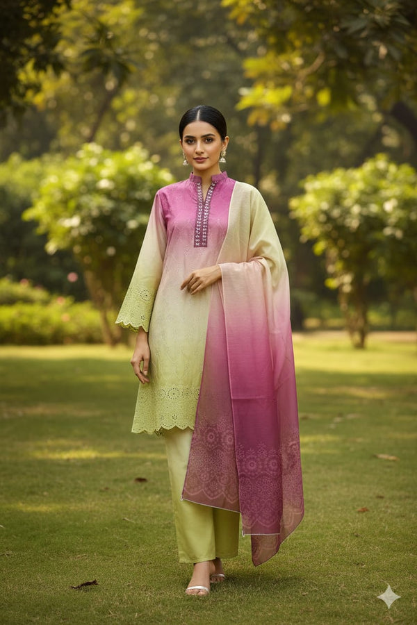 3 Piece swiss lawn chicken kaari with multi color elegant tie and die edition ( 3 colors)