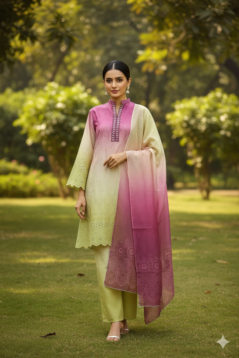 3 Piece swiss lawn chicken kaari with multi color elegant tie and die edition ( 3 colors)